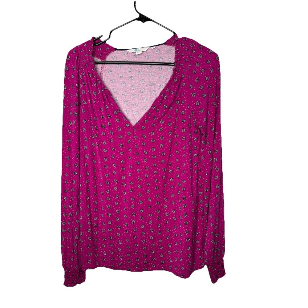 Boden Raspberry Pink Print Blouse Size 4 Keyhole Neckline Viscose Knit Smocked